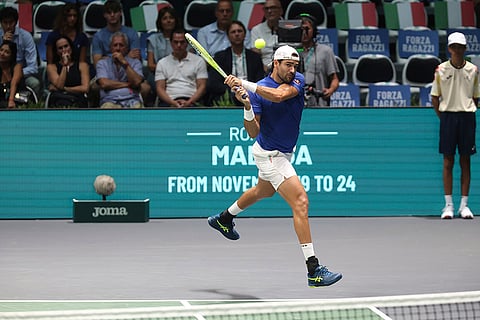 Davis Cup Tennis, Italy vs Brazil: Matteo Berrettini, of Italy, makes a return against Joao Fonseca